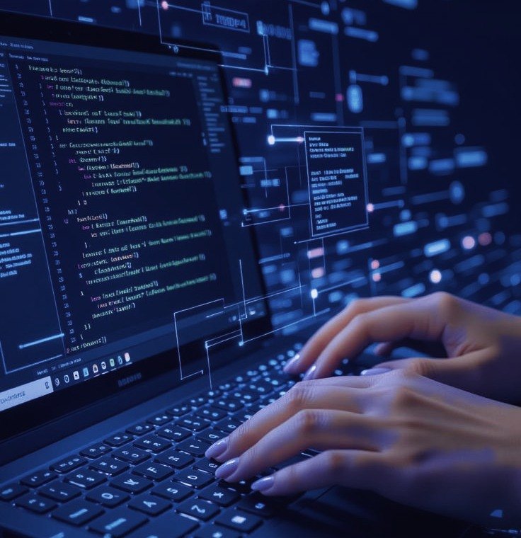 Hands typing code on a laptop