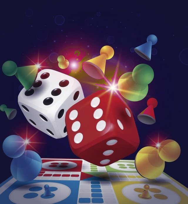 Dice and game pieces over a ludo board
