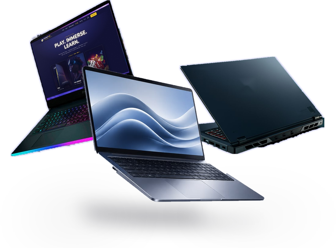 Three laptops on display: a slim silver laptop in front, a gaming laptop showing the Syspoint gaming page and a dark gaming laptop behind